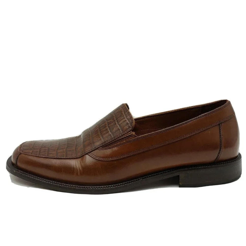 Stafford‎ Dress Shoes Mens 9.5M Brown Leather Croc Accent Slip On Loafer Casual